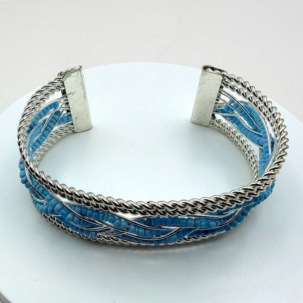 Vintage Y2K‎ Silver Tone Braided Blue Seed Beaded Cuff Bracelet Women's Jewelry